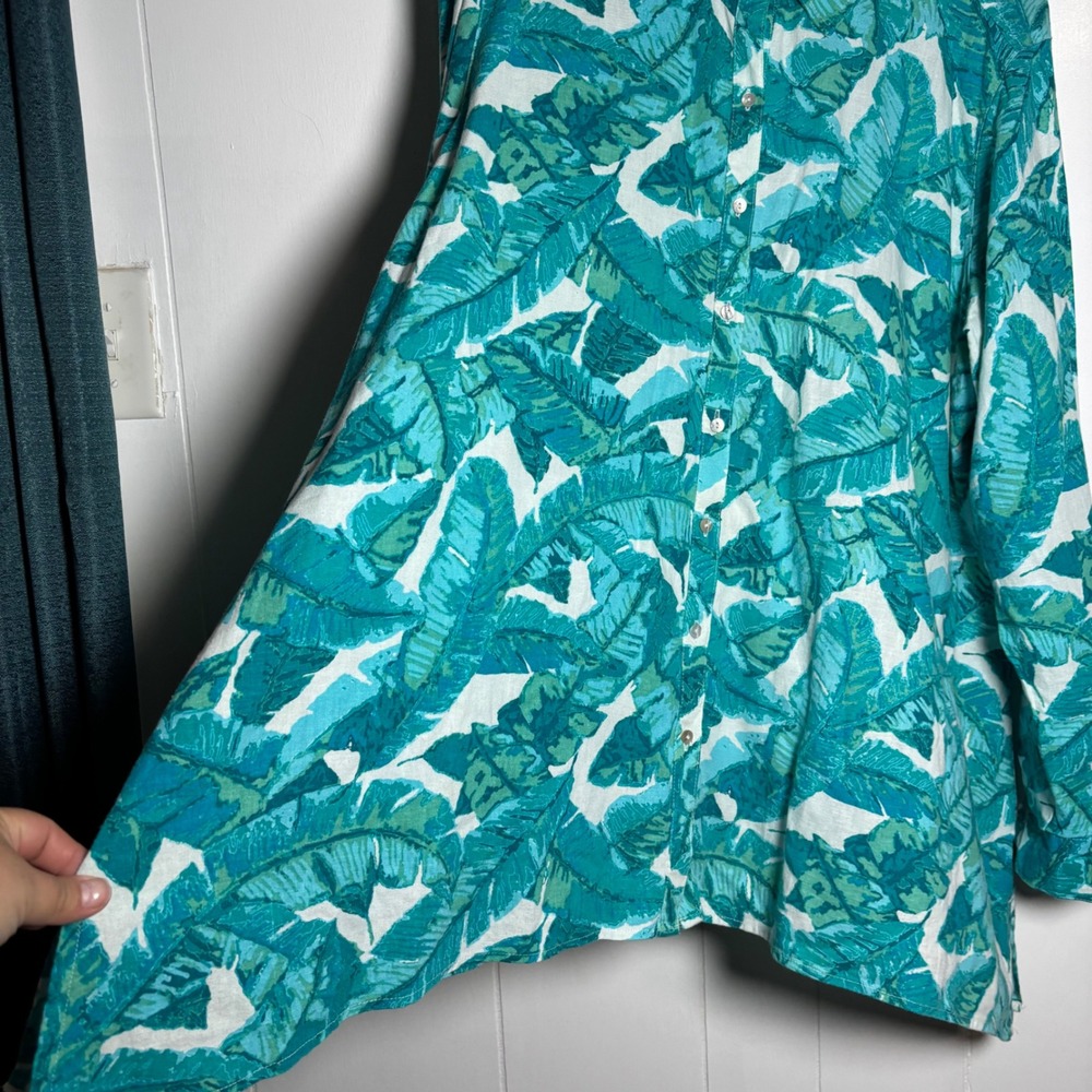Coastal Teal Tropical Palm Leaf Linen Blend Roll Tab Button Up Shirt Sz XL - Picture 3 of 8